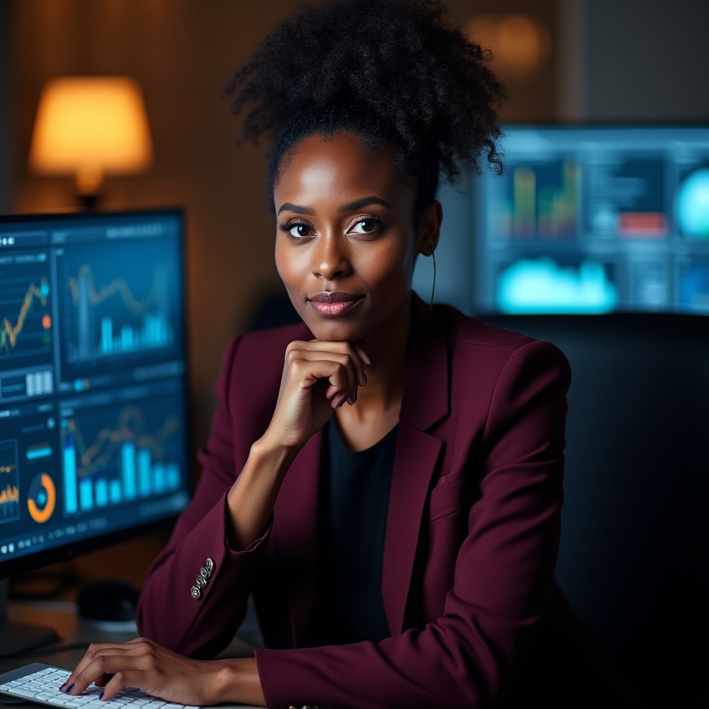 A focused female analyst in her late thirties reviewing complex data on multiple screens in a hotel business lounge, warm determined expression