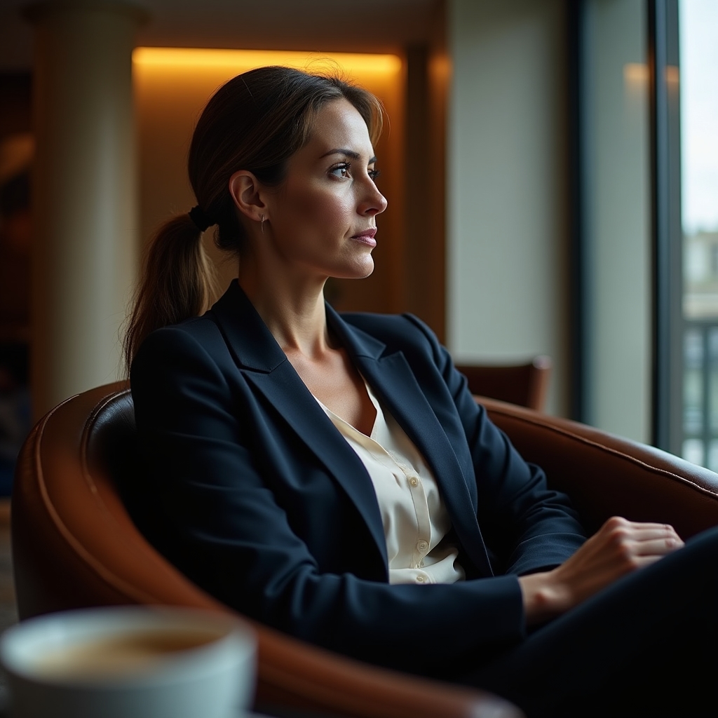 A thoughtful mid-career engineer in formal business attire sitting in a hotel lounge, looking towards the window with determination