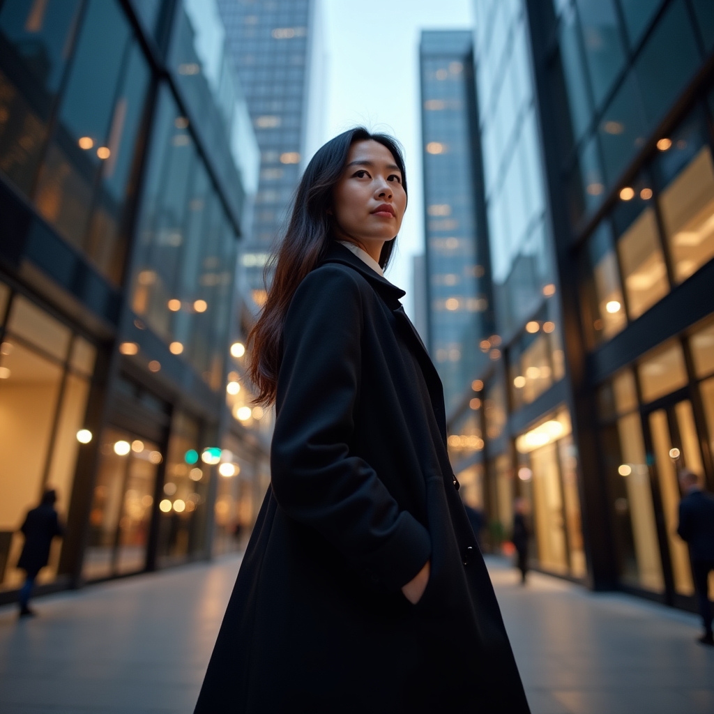 A confident professional in formal business attire walking through a modern London business district, dramatic urban lighting with glass buildings reflecting evening light