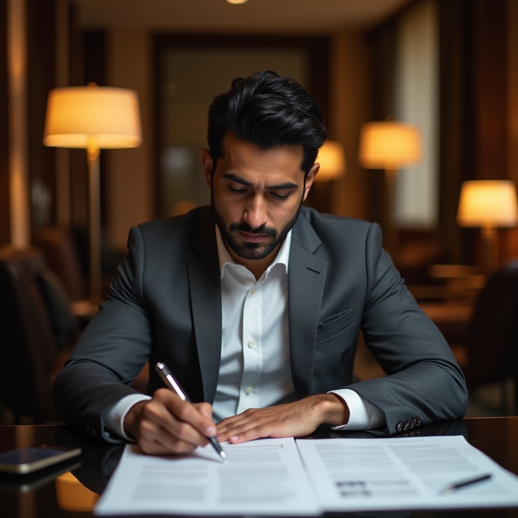 A focused professional reviewing work at a clean desk in a hotel business lounge