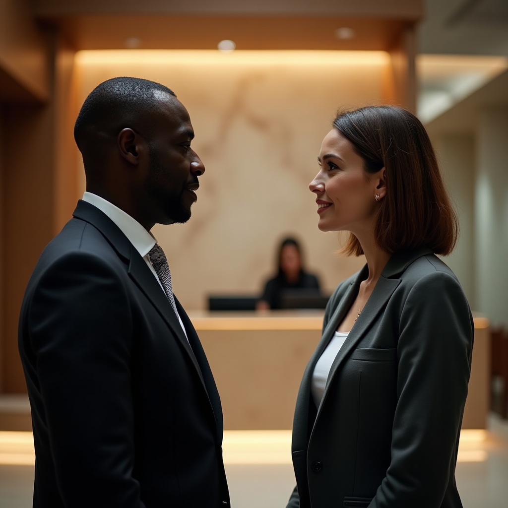 Two professionals in formal business attire having a focused one-on-one conversation in a modern hotel lobby, warm confident expressions, selective moody lighting