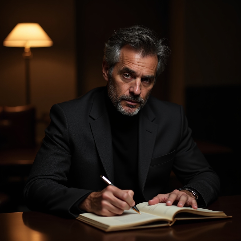 A male professional in his early forties in a dark formal suit writing notes in a leather-bound notebook at a hotel lounge table, moody selective lighting, focused and determined expression