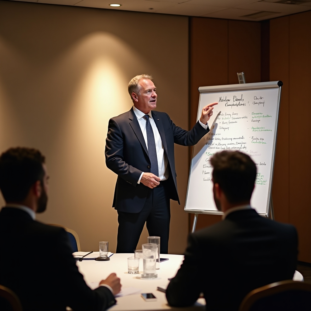 A workshop facilitator in a dark suit leading a focused small group session in a hotel conference room, warm spotlight lighting, engaged participants at a circular table
