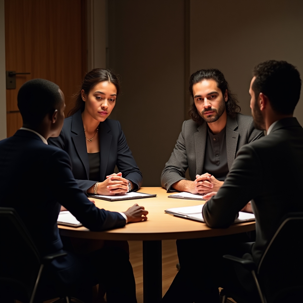 Small group workshop session in a professional hotel meeting room with participants engaged in discussion